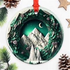 Christmas Wreath Winter Mountains Snow Stars Moon Ornament (round)