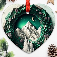 Christmas Wreath Winter Mountains Snow Stars Moon Ornament (heart)