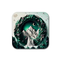 Christmas Wreath Winter Mountains Snow Stars Moon Rubber Coaster (square)