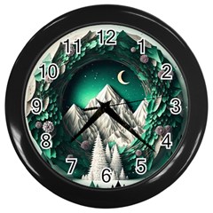 Christmas Wreath Winter Mountains Snow Stars Moon Wall Clock (black)