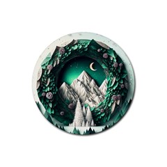 Christmas Wreath Winter Mountains Snow Stars Moon Rubber Round Coaster (4 Pack)