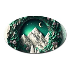 Christmas Wreath Winter Mountains Snow Stars Moon Oval Magnet