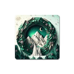 Christmas Wreath Winter Mountains Snow Stars Moon Square Magnet