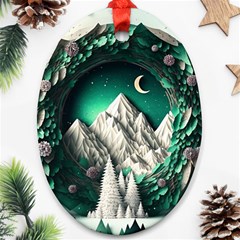 Christmas Wreath Winter Mountains Snow Stars Moon Oval Ornament (two Sides)