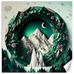 Christmas Wreath Winter Mountains Snow Stars Moon Canvas 20  X 20 