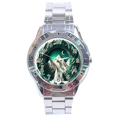 Christmas Wreath Winter Mountains Snow Stars Moon Stainless Steel Analogue Watch