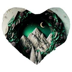 Christmas Wreath Winter Mountains Snow Stars Moon Large 19  Premium Flano Heart Shape Cushions