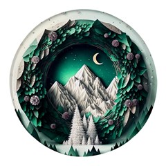 Christmas Wreath Winter Mountains Snow Stars Moon Round Glass Fridge Magnet (4 Pack)