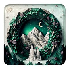 Christmas Wreath Winter Mountains Snow Stars Moon Square Glass Fridge Magnet (4 Pack)