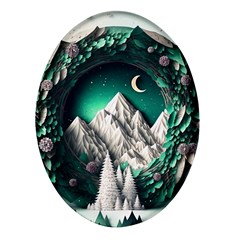 Christmas Wreath Winter Mountains Snow Stars Moon Oval Glass Fridge Magnet (4 Pack)