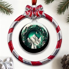 Christmas Wreath Winter Mountains Snow Stars Moon Metal Red Ribbon Round Ornament