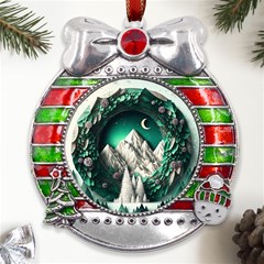 Christmas Wreath Winter Mountains Snow Stars Moon Metal X mas Ribbon With Red Crystal Round Ornament