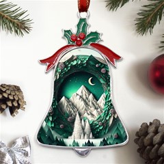 Christmas Wreath Winter Mountains Snow Stars Moon Metal Holly Leaf Bell Ornament