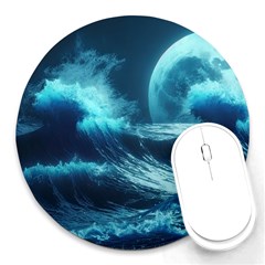 Moonlight High Tide Storm Tsunami Waves Ocean Sea Round Mousepad by uniart180623