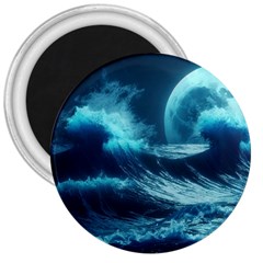 Moonlight High Tide Storm Tsunami Waves Ocean Sea 3  Magnets by uniart180623