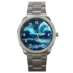 Moonlight High Tide Storm Tsunami Waves Ocean Sea Sport Metal Watch by uniart180623