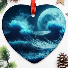 Moonlight High Tide Storm Tsunami Waves Ocean Sea Heart Ornament (two Sides)