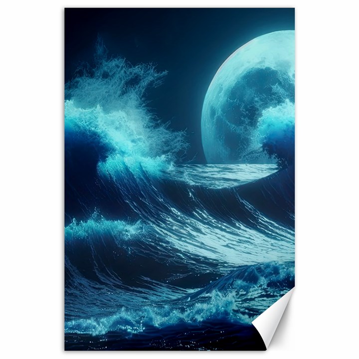 Moonlight High Tide Storm Tsunami Waves Ocean Sea Canvas 24  x 36 