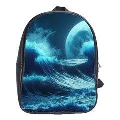 Moonlight High Tide Storm Tsunami Waves Ocean Sea School Bag (large) by uniart180623