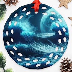 Moonlight High Tide Storm Tsunami Waves Ocean Sea Round Filigree Ornament (two Sides)