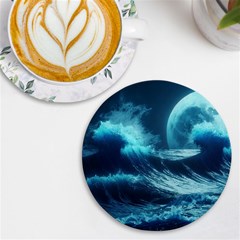 Moonlight High Tide Storm Tsunami Waves Ocean Sea Uv Print Round Tile Coaster by uniart180623