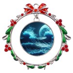 Moonlight High Tide Storm Tsunami Waves Ocean Sea Metal X mas Wreath Ribbon Ornament Front