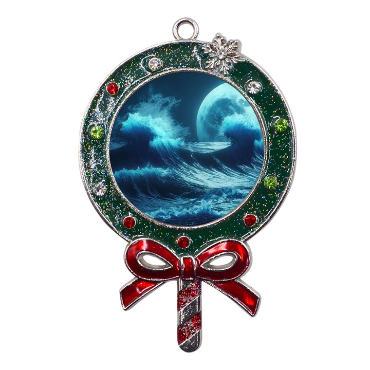 Moonlight High Tide Storm Tsunami Waves Ocean Sea Metal X Mas Lollipop with Crystal Ornament