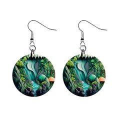 Waterfall Jungle Nature Paper Craft Trees Tropical Mini Button Earrings by uniart180623