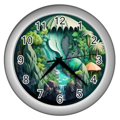 Waterfall Jungle Nature Paper Craft Trees Tropical Wall Clock (silver) by uniart180623