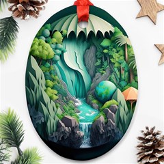 Waterfall Jungle Nature Paper Craft Trees Tropical Oval Ornament (two Sides)