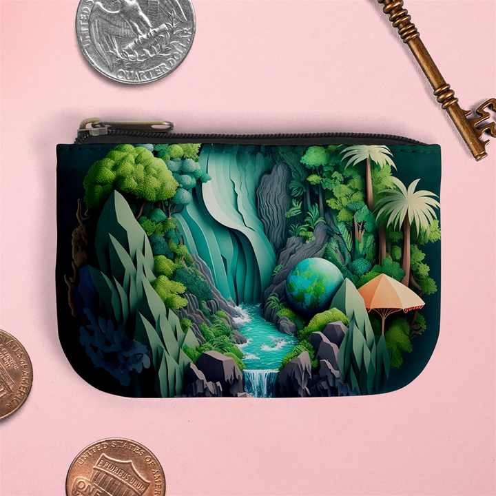 Waterfall Jungle Nature Paper Craft Trees Tropical Mini Coin Purse