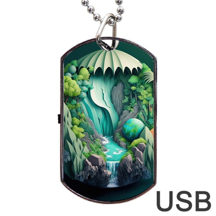 Waterfall Jungle Nature Paper Craft Trees Tropical Dog Tag USB Flash (One Side)