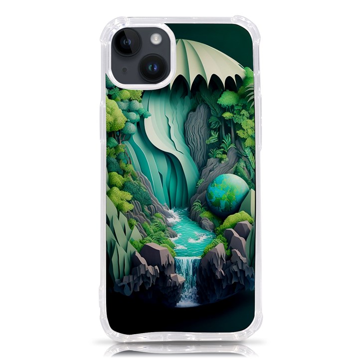 Waterfall Jungle Nature Paper Craft Trees Tropical iPhone 14 Plus TPU UV Print Case