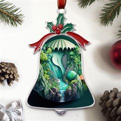 Waterfall Jungle Nature Paper Craft Trees Tropical Metal Holly Leaf Bell Ornament