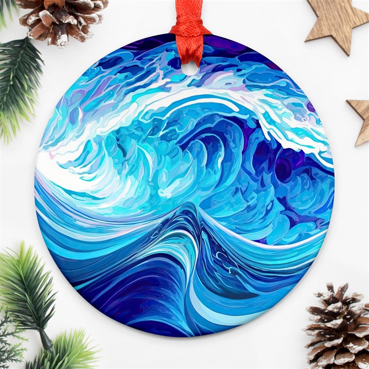 Tsunami Waves Ocean Sea Nautical Nature Water Round Ornament (Two Sides)