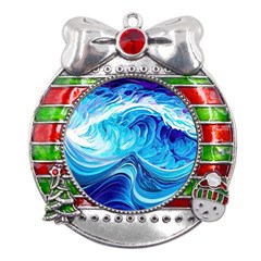 Tsunami Waves Ocean Sea Nautical Nature Water Metal X mas Ribbon With Red Crystal Round Ornament by uniart180623