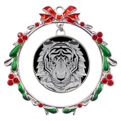 Tiger Head Metal X mas Wreath Ribbon Ornament