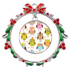 Cute Owls Pattern Metal X mas Wreath Ribbon Ornament by Ket1n9