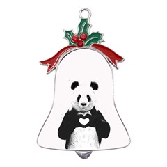 Panda Love Heart Metal Holly Leaf Bell Ornament