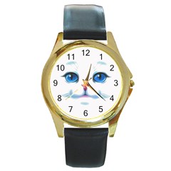 Cute White Cat Blue Eyes Face Round Gold Metal Watch by Ket1n9