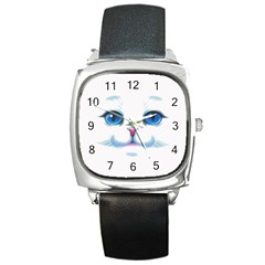 Cute White Cat Blue Eyes Face Square Metal Watch by Ket1n9