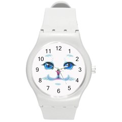 Cute White Cat Blue Eyes Face Round Plastic Sport Watch (m) by Ket1n9