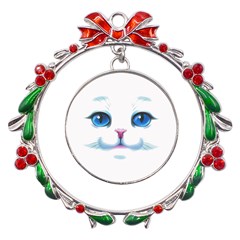 Cute White Cat Blue Eyes Face Metal X mas Wreath Ribbon Ornament