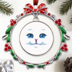 Cute White Cat Blue Eyes Face Metal X mas Wreath Ribbon Ornament Front