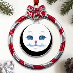 Cute White Cat Blue Eyes Face Metal Red Ribbon Round Ornament by Ket1n9