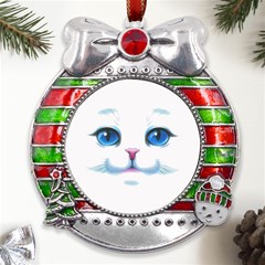 Cute White Cat Blue Eyes Face Metal X mas Ribbon With Red Crystal Round Ornament by Ket1n9