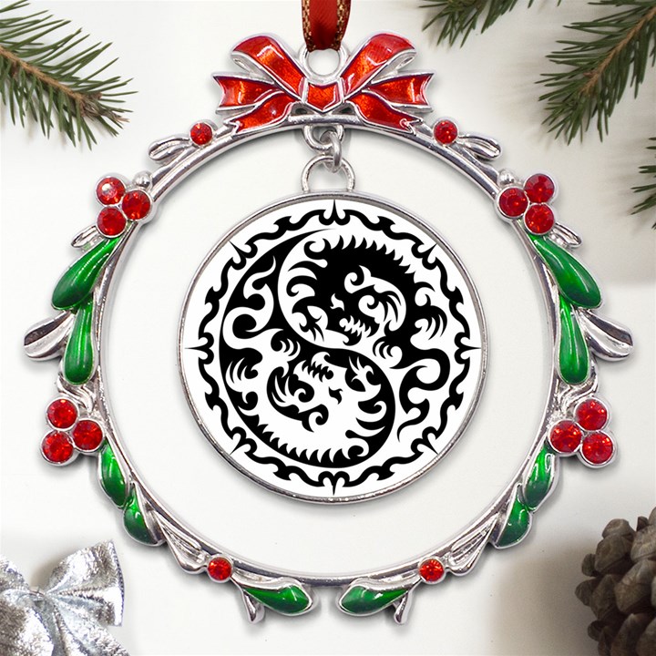 Ying Yang Tattoo Metal X mas Wreath Ribbon Ornament