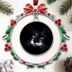 Face Black Cat Metal X mas Wreath Ribbon Ornament by Ket1n9