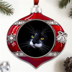 Face Black Cat Metal Snowflake And Bell Red Ornament by Ket1n9