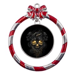 Art Fiction Black Skeletons Skull Smoke Metal Red Ribbon Round Ornament by Ket1n9